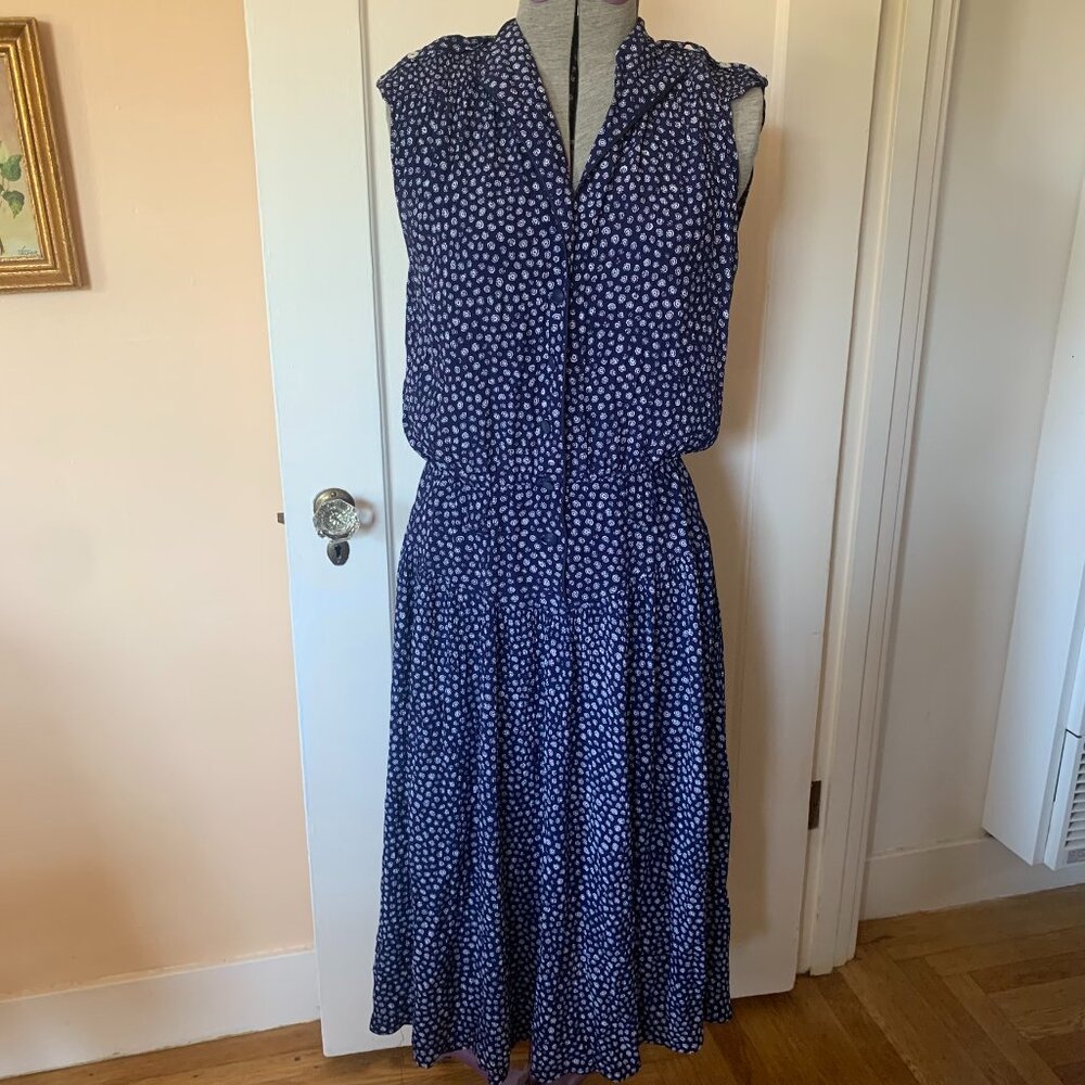 VTG 90s navy white button up dress midi maxi pipping pockets European 38 boho